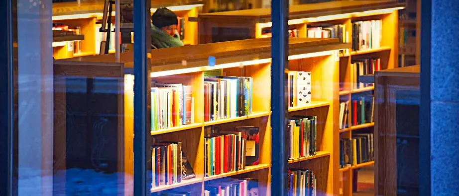 Besökare tittar i böcker på bibliotek. Arkivbild. Foto Trons.