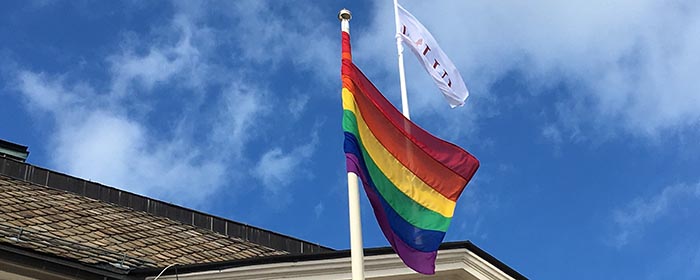 Prideflagga framför Rådhuset i Falun