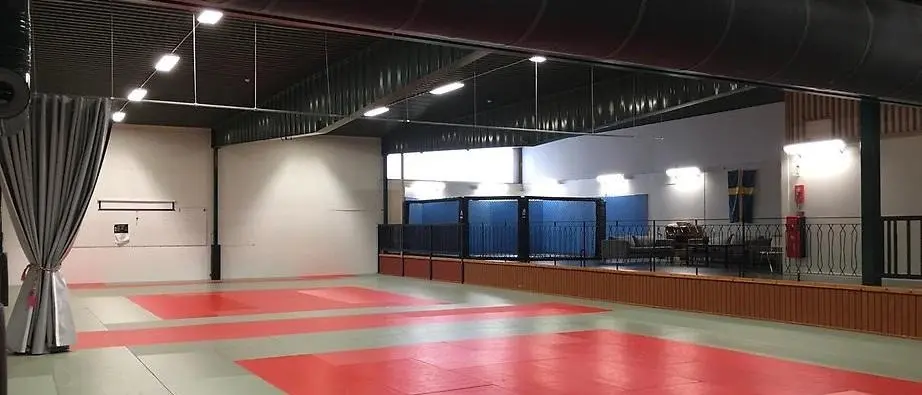 Kampsporthallen har röda mattor som passar för flera kampsporter.