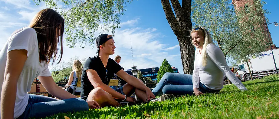 Tre ungdomar sitter på gräset vid faluån och Fisktorget.