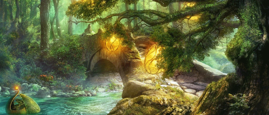 En bild på en fantasiskog med mystiska ljus