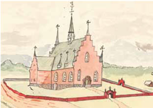 Stora Kopparbergs kyrka, tidigare kallad Marie kyrka,som den såg ut på 1500-talet. Rekonstruktion av A.E.Klingvall. Dalarnas museums arkiv