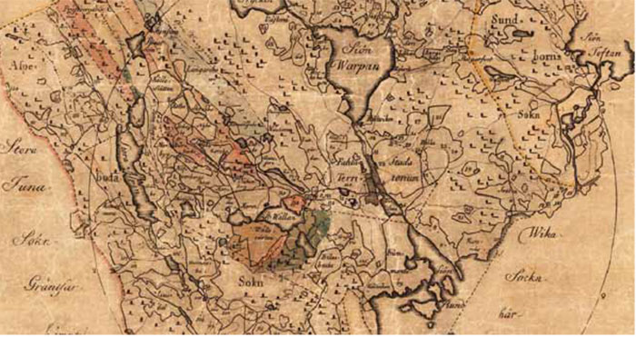 Karta över Stora Kopparbergs bergsfrälse- och tägtekarlshemman, Gillius Schröder och Magnus Bosell 1717kompletterad av Lundström 1776. Falu stads läge mellan Varpan och Runn. Lantmäteriets arkiv
