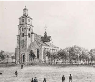 Kristine kyrka 1860. Litografi av Albert Blombergsson.Privat ägo.