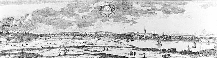 Falun i slutet av 1600-talet. Bilden föreställer Falun från Främby. Kopparstick ur Erik Dahlberghs “Suecia antiqua et hodierna”.Detta är en förskönande bild av Falun och därmed en inte helt trovärdig framställning av staden