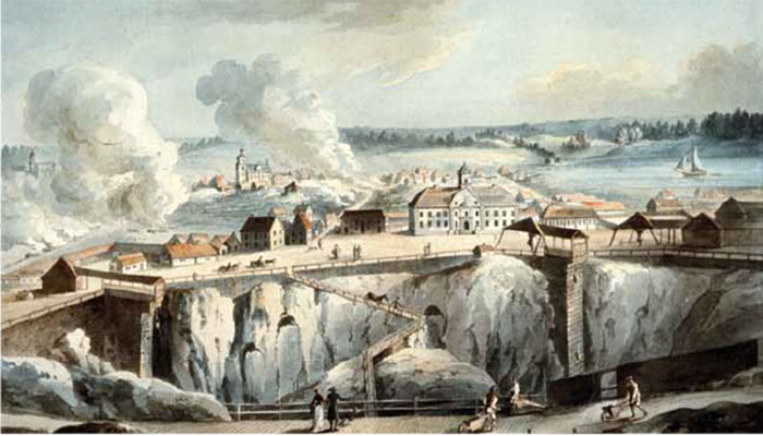 En lavering av A F Sköldebrand från 1794 ger en god föreställning om den rökiga stadsbild som så många besökare iFalun berättat om under tidigare århundraden.