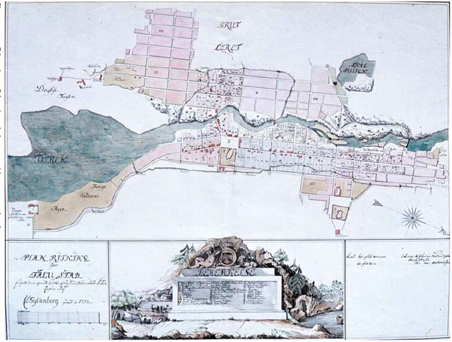 Planritning över Falu stad 1792. Bebyggelsen i det brunna området 1761 är markerad.