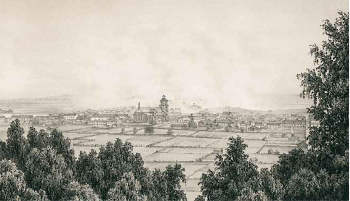 Utsikt över Falun från Lallarvet 1860. Litografi av C.S. Hallbäck. Privat ägo.
