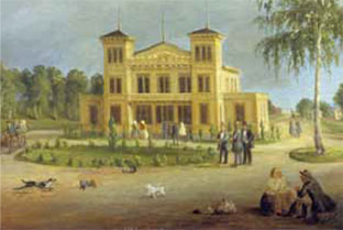 Albert Blombergssons målning av den första järnvägsstationen. Falu Kommun.