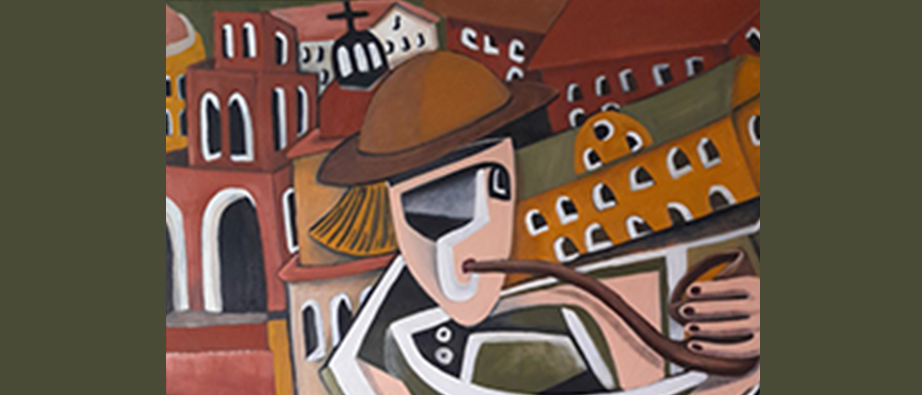 En bild målad av Antonio. En man med pipa i munnen i fokus, i bakgrunden syns Falumiljö. Målad med surrealistiskt kubistiska drag.