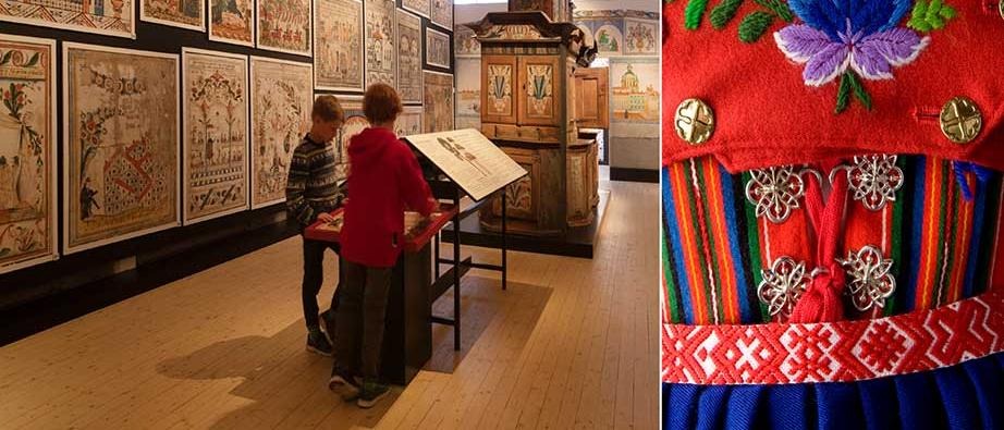 Inne på Dalarnas museum, två kvinnor tittar på några tavlor