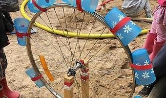 Ett cykelhjul som man har satt fast en massa koppar på