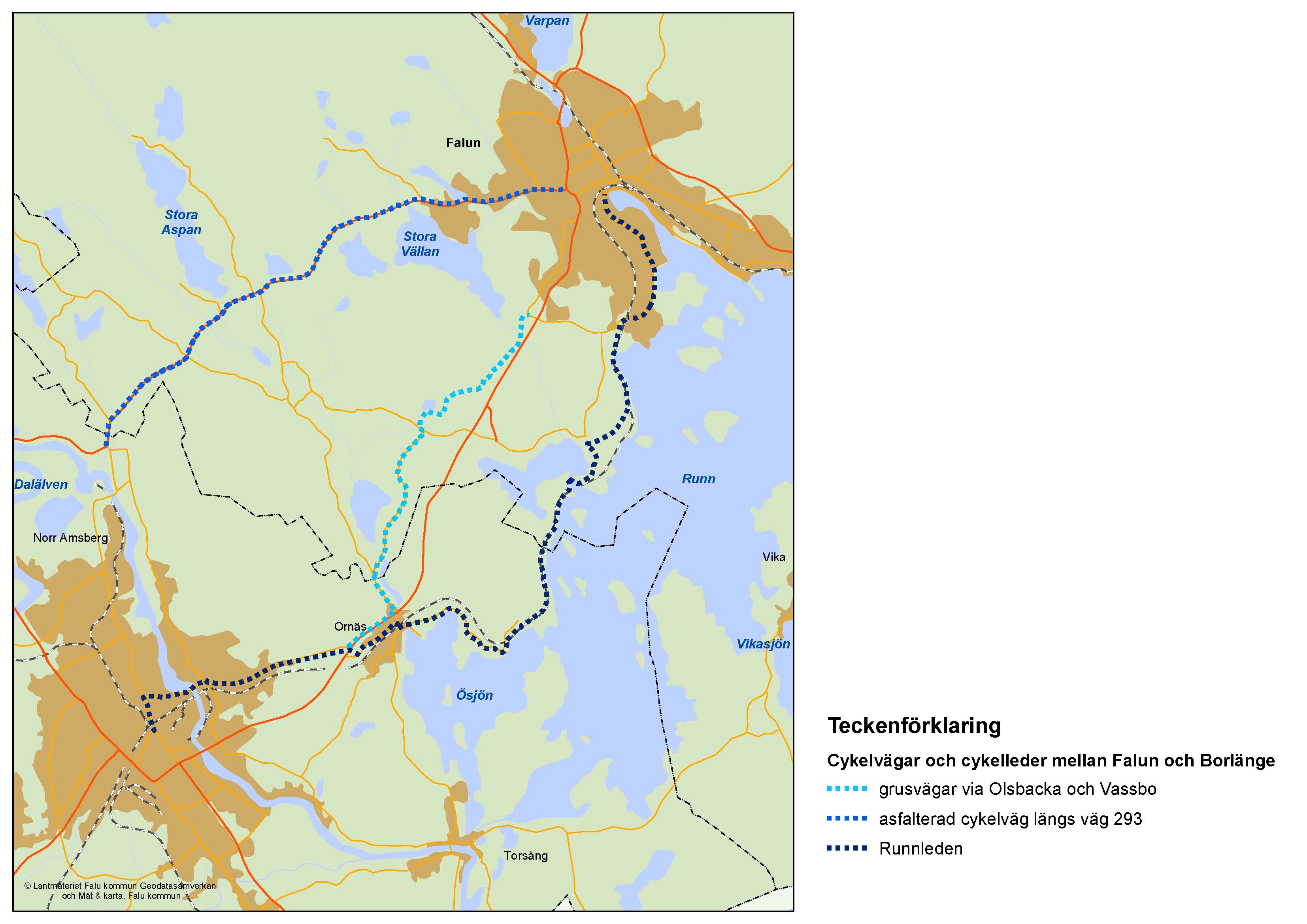 Bild 9.2 Cykelvägar och cykelleder mellan Falun och Borlänge 