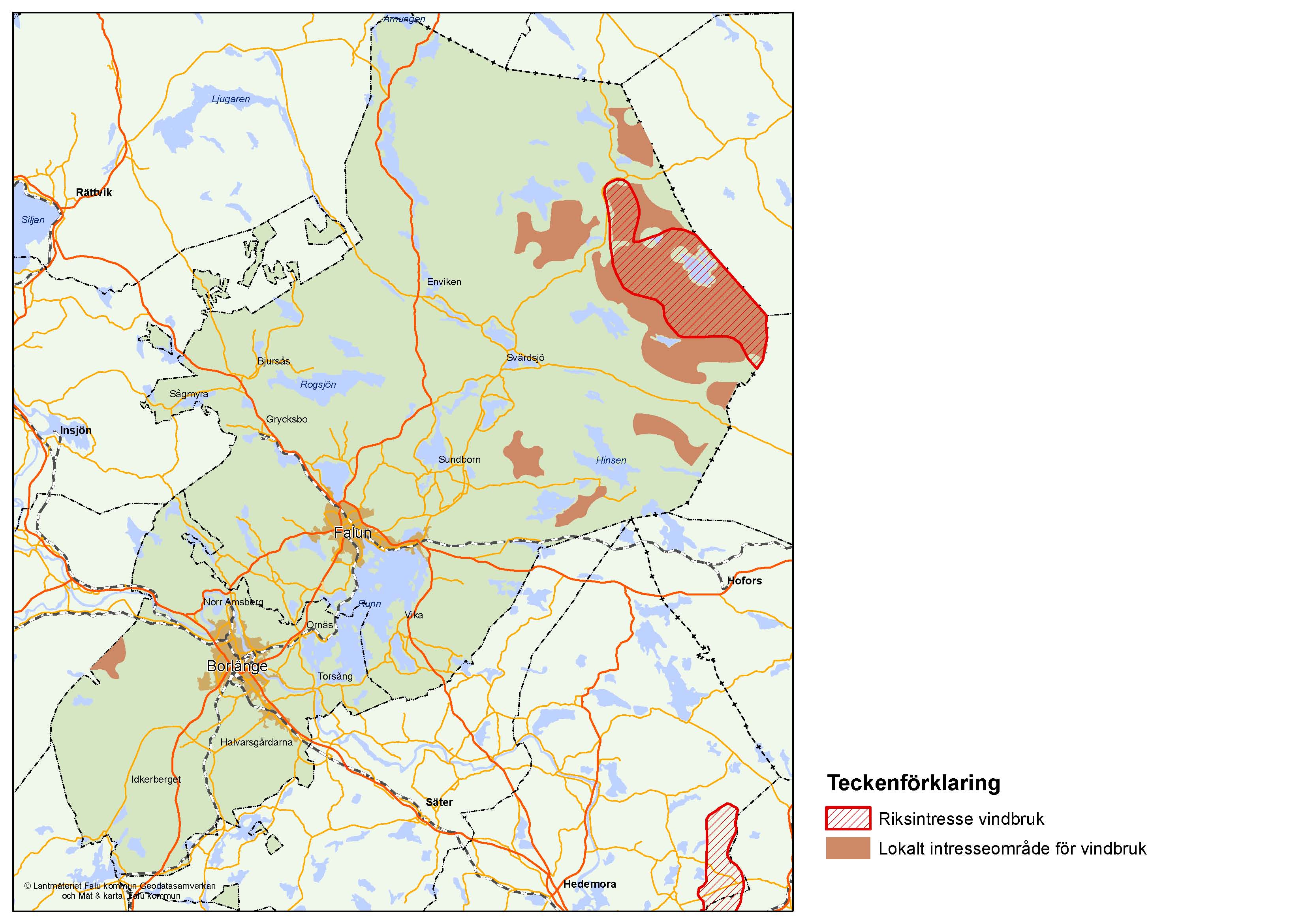 Bild 12.1 Riksintresse och lokala intresseområden för vindbruk (redovisning av riksintressen enligt länsstyrelsens regionala underlagsmaterial RUM som inte är uppdaterat efter beslut om riksintressen i december 2013)